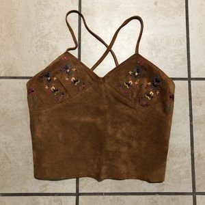 Suede Floral Open Back Tie Halter